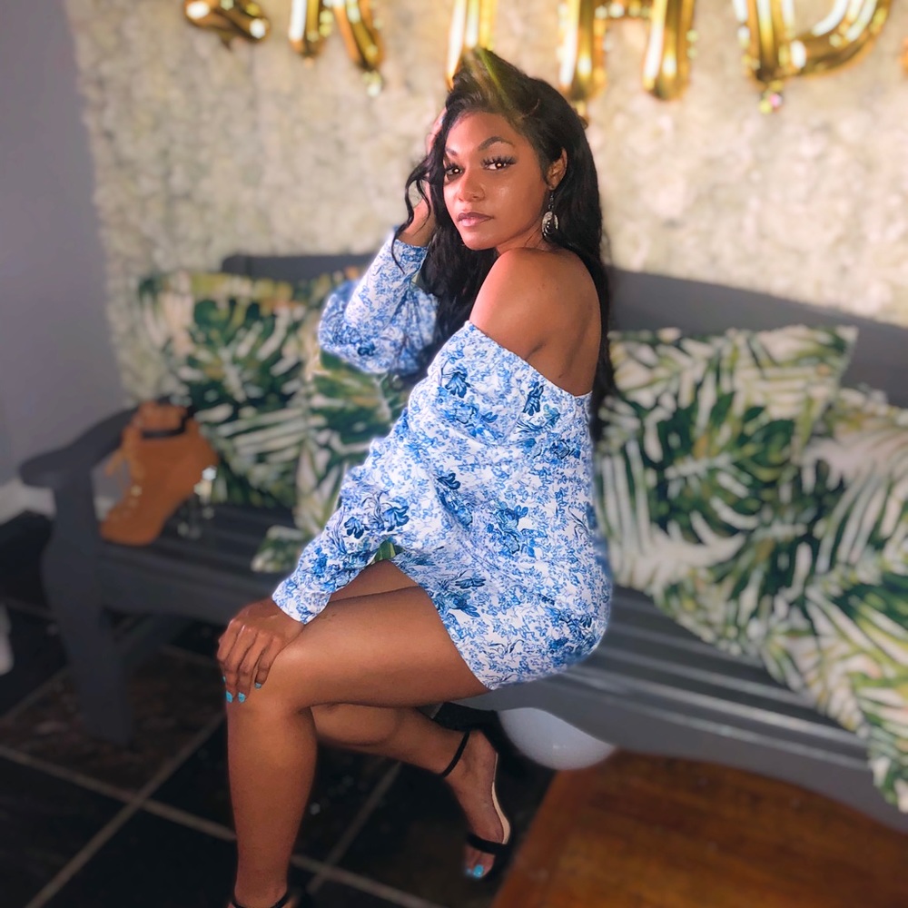 Blue and white off the shoulder dress